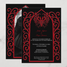 Ornate red border Photo Gothic wedding Invitation