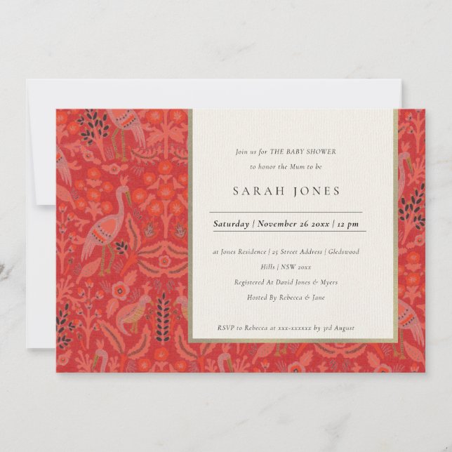 Ornate Red Classy Flora Peacock Baby Shower Invite (Front)