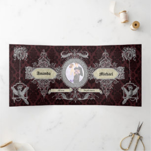 Ornate Red Damask Vintage Wedding  Tri-Fold Invitation