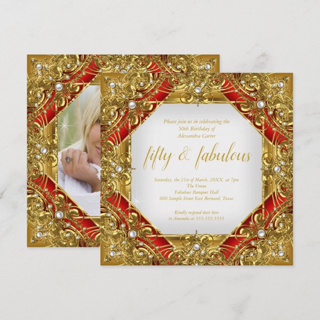 Ornate Red Fabulous 50th Photo Gold on Gold Party Invitation (Front/Back)