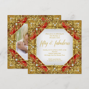Ornate Red Fabulous 50th Photo Gold on Gold Party Invitation