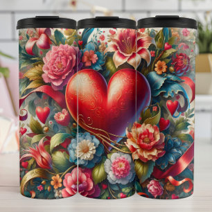 Ornate Red Heart Floral Thermal Tumbler