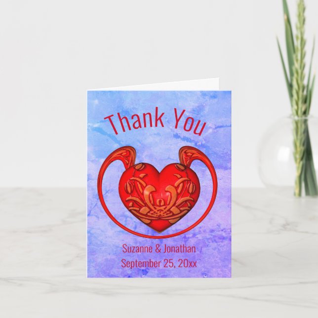 Ornate Red Heart Personalised Wedding Thank You Card (Front)
