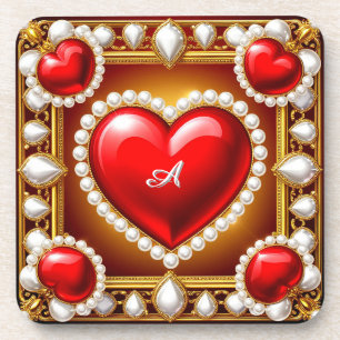 Ornate Red Hearts with Gold and Pearls Coaster