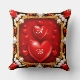 Ornate Red Hearts with Gold and Pearls Cushion
