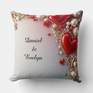 Ornate Red Hearts with Gold and Pearls Cushion