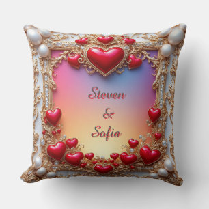 Ornate Red Hearts with Gold and Pearls Cushion