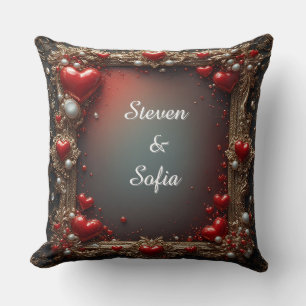Ornate Red Hearts with Gold and Pearls Cushion