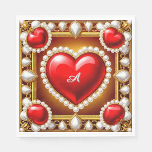 Ornate Red Hearts with Gold and Pearls Napkin