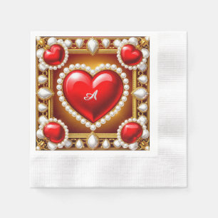 Ornate Red Hearts with Gold and Pearls Napkin