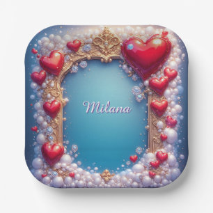 Ornate Red Hearts with Gold and Pearls Paper Plate