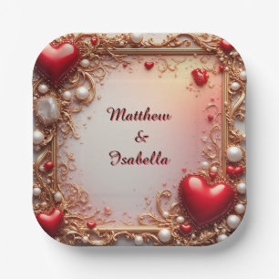 Ornate Red Hearts with Gold and Pearls Paper Plate