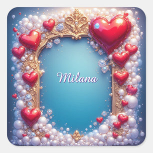 Ornate Red Hearts with Gold and Pearls Square Sticker