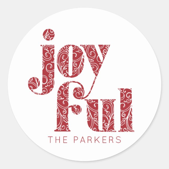 Ornate Red Joyful typography Christmas/Holiday Classic Round Sticker (Front)