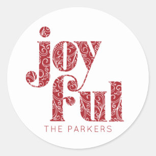 Ornate Red Joyful typography Christmas/Holiday Classic Round Sticker