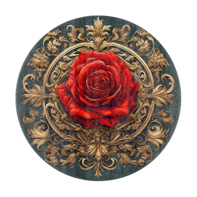 Ornate Red Rose With Gold Baroque Frame Cutting Board (Front)