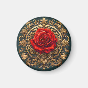 Ornate Red Rose With Gold Baroque Frame Magnet