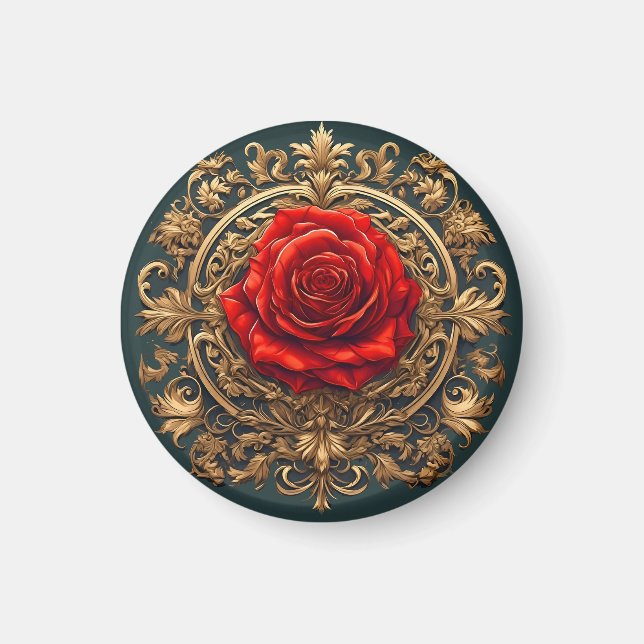 Ornate Red Rose With Gold Baroque Frame Magnet (Front)