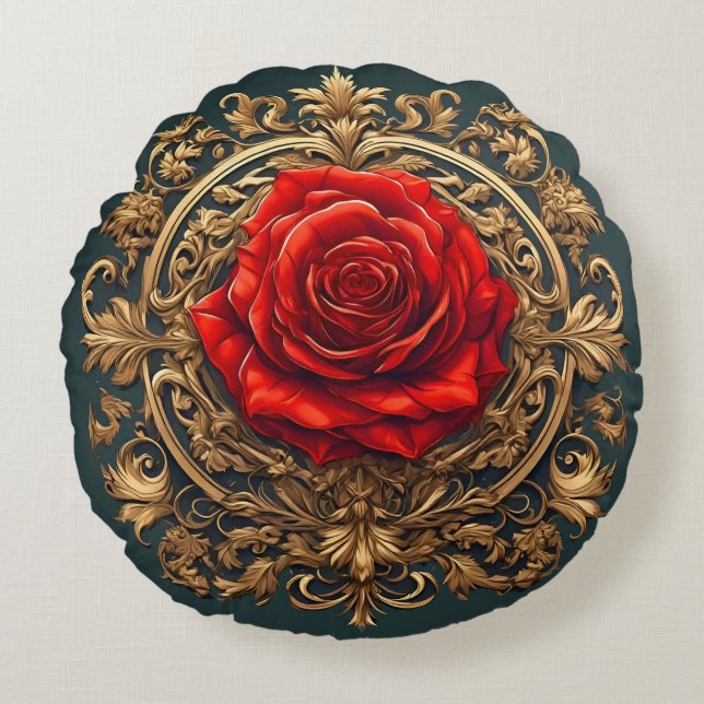 Ornate Red Rose With Gold Baroque Frame Round Cushion (Front)