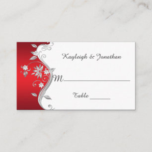 Ornate Red Silver White Flowers Place Cards