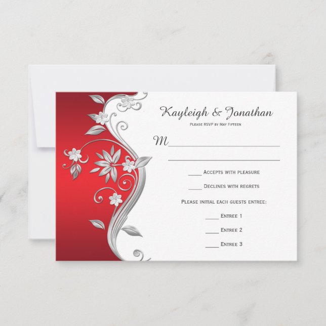 Ornate Red White Silver Flowers RSVP (Front)