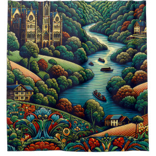 “Ornate River Landscape" Shower Curtain