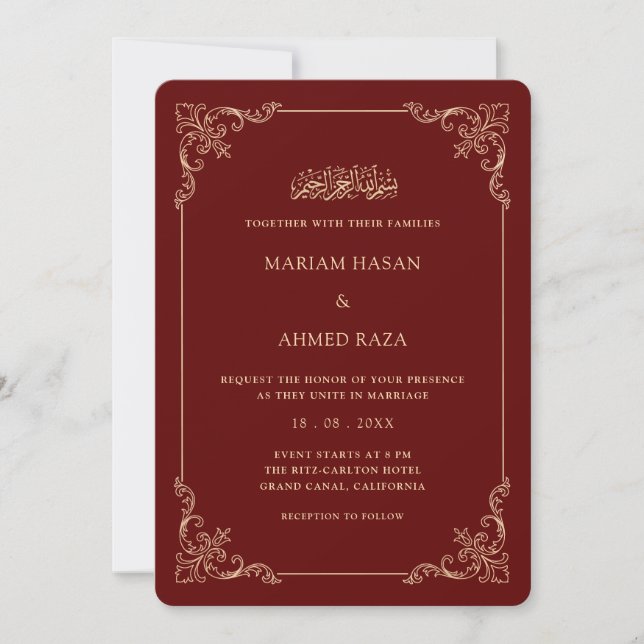 Ornate Rococo Frame Burgundy Red Muslim Wedding Invitation (Front)