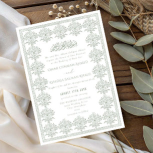 Ornate Romantic Vintage Sage Green Islamic Wedding Invitation