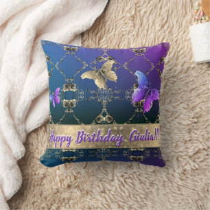 Ornate Rose & Butterfly Blue Throw Pillow