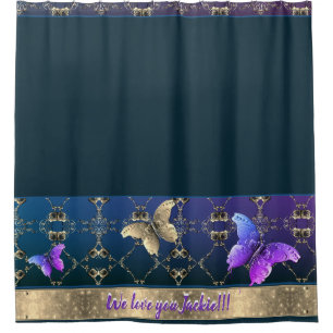 Ornate Rose & Butterfly Drk Blue Shower Curtain