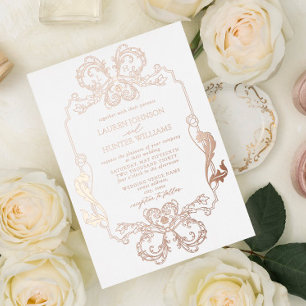 Ornate Rose Gold Floral Line Art Monogram Wedding