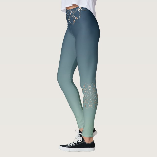 Ornate Rose Hearts on Blue Gradient Leggings (Left)