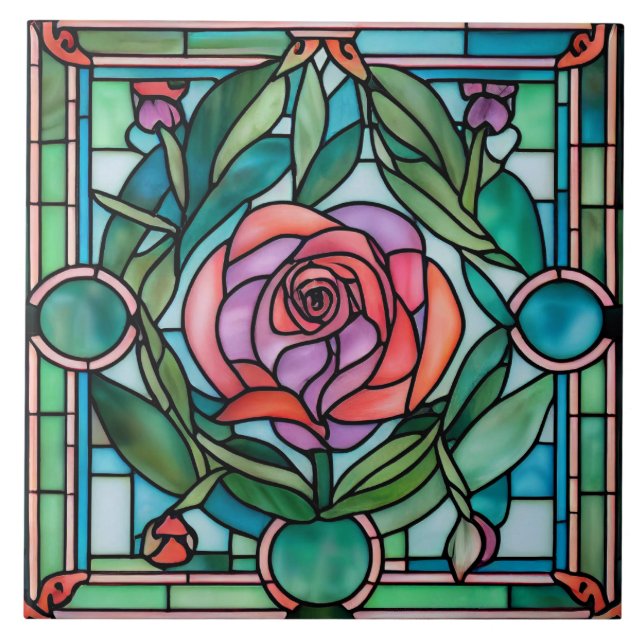 Ornate Rose Leaves Wreath Stained Glass Style Tile (Front)