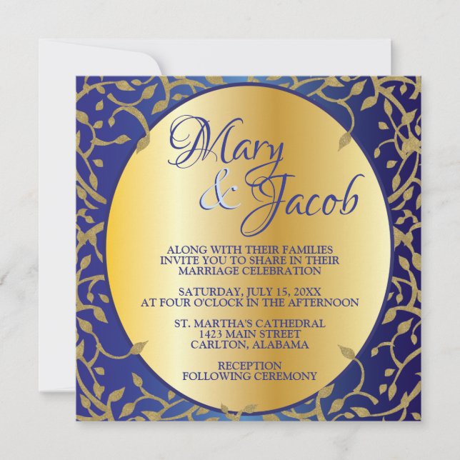 Ornate royal blue and gold wedding invitation (Front)