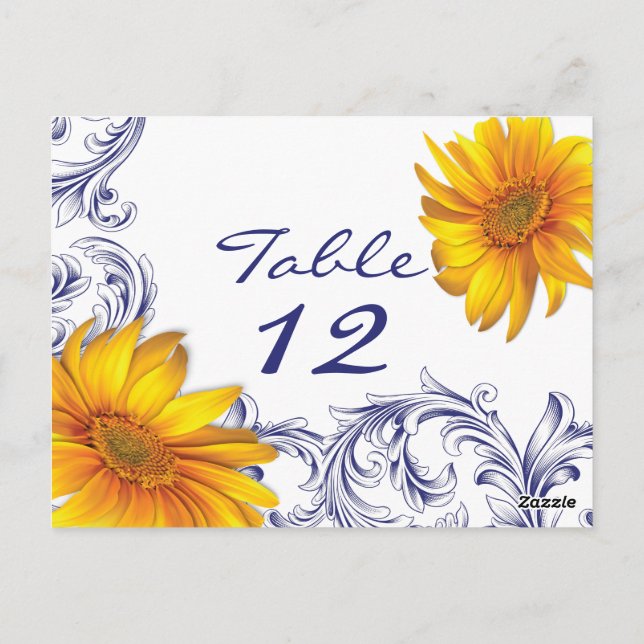 Ornate Royal Blue and Yellow Sunflowers Table Card (Back)