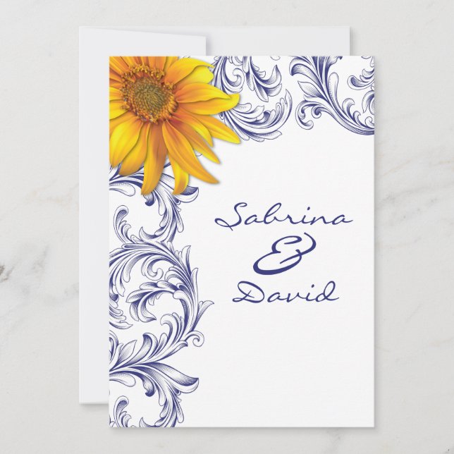 Ornate Royal Blue and Yellow Sunflowers Wedding Invitation (Front)
