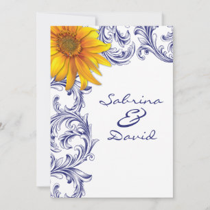 Ornate Royal Blue and Yellow Sunflowers Wedding Invitation