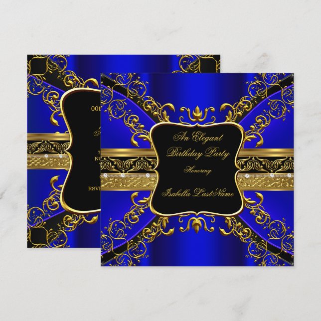 Ornate Royal Blue Black Gold Birthday Party 2 Invitation (Front/Back)