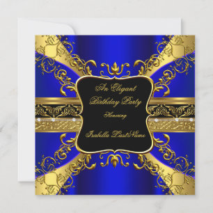 Ornate Royal Blue Black Gold Birthday Party 3 Invitation