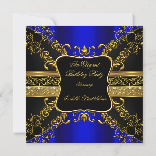Ornate Royal Blue Black Gold Birthday Party Invitation (Front)