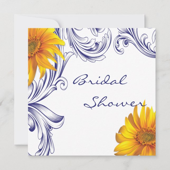 Ornate Royal Blue Yellow Sunflowers Bridal Shower Invitation (Front)