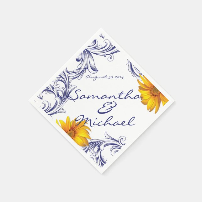 Ornate Royal Blue Yellow Sunflowers Napkin (Corner)