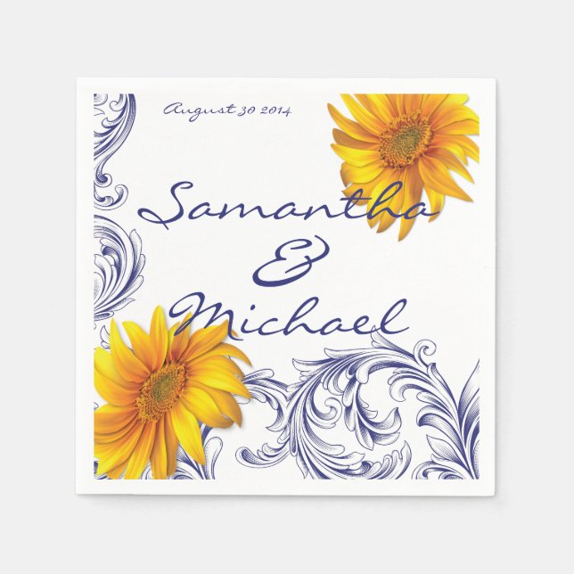 Ornate Royal Blue Yellow Sunflowers Napkin (Front)
