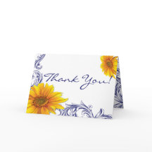Ornate Royal Blue Yellow Sunflowers Thank You Card