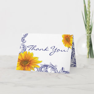 Ornate Royal Blue Yellow Sunflowers Thank You Card