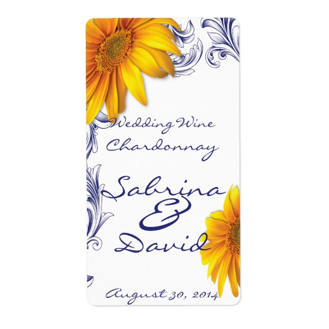 Ornate Royal Blue  Yellow Sunflowers Wedding Wine (Front)