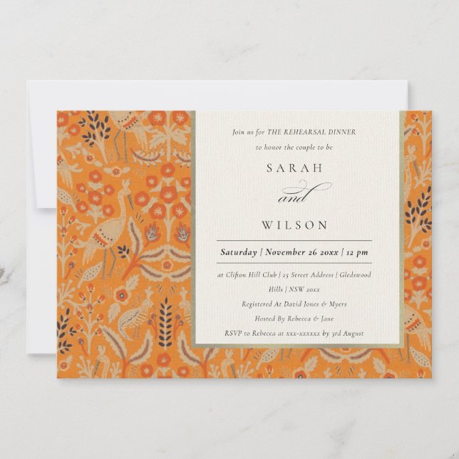 Ornate Rust Floral Peacock Rehearsal Dinner Invite (Front)