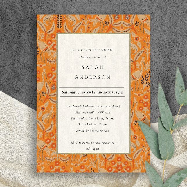 Ornate Rust Red Floral Peacock Baby Shower Invite (Creator Uploaded)