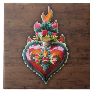 Ornate Sacred Flaming Heart Wall Plaque Tile