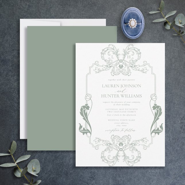 Ornate Sage Green Floral Line Art Monogram Wedding Invitation (Creator Uploaded)